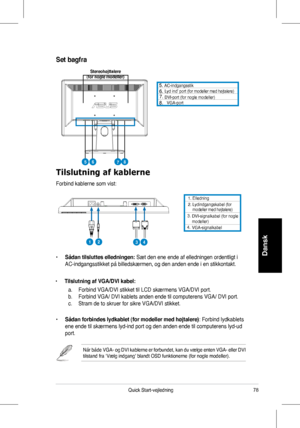 Page 80
78Quick	 Start-vejledning
Dansk
. 	 Elledning. 		Lydindgangskabel 	 (for 	modeller	 med 	 højtalere)3.	
4.
		DVI-signalkabelDVI-signalkabel	(for	nogle	modeller)		VGA-signalkabel
Tilslutning af kablerne
Forbind	 kablerne 	 som 	 vist:
	 AC-indgangsstik 		Lyd 	 ind’ 	 port	(for 	 modeller 	 med 	 højtalere)		DVI-port	(for	nogle	modeller)		VGA-port
•	 Sådan tilsluttes elledningen:	Sæt 	 den 	 ene 	 ende 	 af 	 elledningen 	 ordentligt 	 i 	
AC-indgangsstikket	 på 	 billedskærmen, 	 og 	 den...