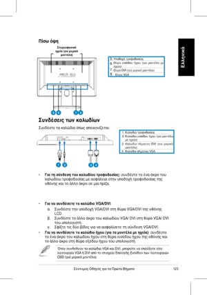 Page 125
123Σύντομος	 Οδηγός 	 για 	 τα 	 Πρώτα 	 Βήματα
Ελληνικά
Συνδέσεις των καλωδίων
Συνδέστε	 τα 	 καλώδια 	 όπως 	 απεικονίζεται:
	 Υποδοχή 	 τροφοδοσίας		Θύρα 	 εισόδου 	 ήχου	(για 	 μοντέλα 	 με 	ηχεία)		Θύρα	DVI	(για	μερικά	μοντέλα)		Θύρα	VGA
•	Για τη σύνδεση του καλωδίου τροφοδοσίας:	συνδέστε	 το 	 ένα 	 άκρο 	 του 	καλωδίου	 τροφοδοσίας 	 με 	 ασφάλεια 	 στην 	 υποδοχή 	 τροφοδοσίας 	 της 	οθόνης	 και 	 το 	 άλλο 	 άκρο 	 σε 	 μια 	 πρίζα.
•	Για να συνδέσετε το καλώδιο VGA/DVI:	
	 α.	 	Συνδέστε 	 την...