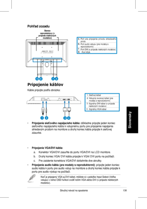 Page 140
38Stručný	 návod 	 na 	 spustenie
Slovensky
1.	 Sieťový 	 kábel. 		Vstupný 	 zvukový 	 kábel 	 (pre 	modely	 s 	 reproduktormi)3.	
4.		
Signálny	DVI	kábel	(v	prípade	niektorých	modelov)		Signálny	VGA	kábel
Pripojenie káblov
Káble
	 pripojte 	 podľa 	 obrázka: 	
		 Port 	 pre 	 pripojenie 	 prívodu 	 striedavého 	prúdu		Port 	 audio 	 vstupu	(pre 	 modely 	 s 	reproduktormi)		Port	DVI	(v	prípade	niektorých	modelov)		Port	VGA
•	Pripojenie sieťového napájacieho kábla:	dôkladne	 pripojte 	 jeden...