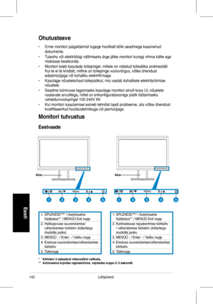 Page 144
142Lühijuhend
Eesti
Ohutusteave
•	Enne	 monitori 	 paigaldamist 	 lugege 	 hoolikalt 	 kõiki 	 seadmega 	 kaasnenud 	
dokumente.
•	 Tuleohu	 või 	 elektrilöögi 	 vältimiseks 	 ärge 	 jätke 	 monitori 	 kunagi 	 vihma 	 kätte 	 ega 	niiskesse	 keskkonda.
•	 Monitori 	 tuleb 	 kasutada 	 toitepingel, 	 millele 	 on 	 viidatud 	 toiteallika 	 andmesildil. 	
Kui	 te 	 ei 	 te 	 kindlalt, 	 milline 	 on 	 toitepinge 	 vooluvõrgus, 	 võtke 	 ühendust 	edasimüüjaga või kohaliku elektrifirmaga.
•	 Kasutage...