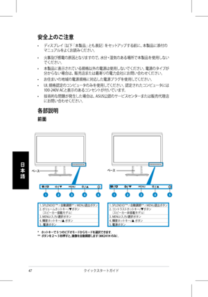 Page 49
47クイックスタートガイド 
日
本
語
安全上のご注意
•  ディスプレイ（以下「本製品」とも表記）をセットアップする前に、本製品に添付の
マニュアルをよくお読みください。
•  火事及び感電の原因となりますので、水分・湿気のある場所で本製品を使用しない
でください。
•  本製品に表示されている規格以外の電源は使用しないでください。電源のタイプが
分からない場合は、販売店または最寄りの電力会社にお問い合わせください。
•  お住まいの地域の電源規格に対応した電源プラグを使用してください。
•  UL 規格認定のコンピュータのみを使用してください。認定されたコンピュータには
100-240V ACと表示のあるコンセントが付いています。
•  技術的な問題が発生した場合は、ASUS公認のサービスセンターまたは販売代理店
にお問い合わせください。
各部説明
前面
ベースベース
*    ホットキーで５つのビデオモードからモードを選択できます。**  ボタンを２〜３秒押すと、画像を自動調節します（MK241H のみ）。
1. SPLENDID™* / 自動調節** / MENU退出ボタン2....