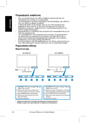 Page 124
122Σύντομος	 Οδηγός 	 για 	 τα 	 Πρώτα 	 Βήματα
Ελληνικά
Παρουσίαση οθόνης
Μπροστινή όψη           
*    Πλήκτρο συντόμευσης για επιλογή 5 προεπιλεγμένων λειτουργιών βίντεο.**  Ρυθμίζει αυτόματα την εικόνα πιέζοντας το κουμπί για 2-3 δευτερόλεπτα.
1.		 SPLENDID™*/Αυτόματη 	 ρύθμιση**/Κουμπί 	εξόδου	 από 	 το 	 μενού2.		 Πλήκτρο 	 συντόμευσης 	 έντασης 	 ήχου/πλήκτρο	 μείωσης 	(για	 μοντέλα 	 με 	 ηχεία)3.	 Κουμπί 	 ΜΕΝΟΥ/Εισαγωγής/Επιλογής4.		 Πλήκτρο 	 συντόμευσης 	 φωτεινότητας 	/Κουμπί	 αύξησης5....