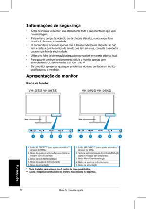 Page 59
57Guia	 de 	 consulta 	 rápida 	
Portugu
�s
Informações de segurança
•	 Antes	 de 	 instalar 	 o 	 monitor, 	 leia 	 atentamente 	 toda 	 a 	 documentação 	 que 	 vem 	na	 embalagem. 	
•	 Para	 evitar 	 o 	 perigo 	 de 	 incêndio 	 ou 	 de 	 choque 	 eléctrico, 	 nunca 	 exponha 	 o 	monitor	 à 	 chuva 	 ou 	 a 	 humidade.
•	 O	 monitor 	 deve 	 funcionar 	 apenas 	 com 	 a 	 tensão 	 indicada 	 na 	 etiqueta. 	 Se 	 não 	tem	 a 	 certeza 	 quanto 	 ao 	 tipo 	 de 	 tensão 	 que 	 tem 	 em 	 casa,...