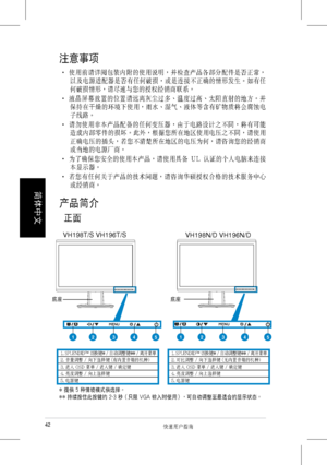 Page 44
42 快速用戶指南
簡體��
��
注意事項
‧ 使用前請詳閱包裝內附的使用說明，並檢查產品各部分配件是否正常，
以及電源適配器是否有任何破損，或是連接不正確的情形發生。如有任
何破損情形，請儘速與您的授權經銷商聯系。
‧  液晶屏幕放置的位置請遠離灰塵過多、溫度過高、太陽直射的地方。並
保持在乾燥的環境下使用，雨水、溼氣、液體等含有礦物質將會腐蝕電
子線路。
‧  請勿使用非本產品配備的任何變壓器，由於電路設計之不同，將有可能
造成內部零件的損壞。此外，根據您所在地區使用電壓之不同，請使用
正確電壓的插頭，若您不清楚所在地區的電壓為何，請咨詢您的經銷商
或當地的電源廠商。
‧  為了確保您安全的使用本產品，請使用具備  U L  認證的個人電腦來連接
本顯示器。
‧  若您有任何關於產品的技術問題，請咨詢華碩授權合格的技術服務中心
或經銷商。
產品簡介
  正面
1. SPLENDID™ 切換鍵* / 自動調整鍵** / 離開菜單2. 音量調整 / 向下選擇鍵 (有內置音箱的機種)3. 進入 OSD 菜單 / 進入鍵 / 確定鍵4. 亮度調整 / 向上選擇鍵5. 電源鍵
1....