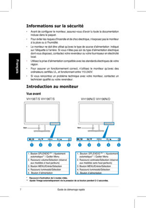 Page 9
7Guide	 de 	 démarrage 	 rapide 	
Français
Informations sur la sécurité
•	 Avant	 de 	 configurer 	 le 	 moniteur, 	 assurez-vous 	 d’avoir 	 lu 	 toute 	 la 	 documentation 	
incluse	 dans 	 le 	 paquet. 			
•	 Pour	 éviter 	 les 	 risques 	 d’incendie 	 et 	 de 	 choc 	 électrique, 	 n’exposez 	 pas 	 le 	 moniteur 	
à	 la 	 pluie 	 ou 	 à 	 l’humidité. 				
•	 Le	 moniteur 	 ne 	 doit 	 être 	 utilisé 	 qu’avec 	 le 	 type 	 de 	 source 	 d’alimentation 		 indiqué 	
sur	 l’étiquette 	 à 	 l’arrière....