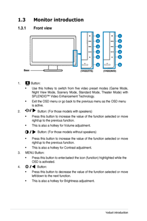 Page 8
1-2Chapter	 1: 	 Product 	 introduction

1.3  Monitor introduction
1.3.1  Front view

Base

1
2
3
4
5

6
1
2
3
4
5
6
(VH203T/S) (VH203N/D)
1. 
	Button:
Use 	 this 	 hotkey 	 to 	 switch 	 from 	 five 	 video 	 preset 	 modes 	 (Game 	 Mode, 	•	
Night	 View 	 Mode, 	 Scenery 	 Mode, 	 Standard 	 Mode, 	 Theater 	 Mode) 	 with 	
SPLENDID™	 Video 	 Enhancement 	 Technology.
Exit	 the 	 OSD 	 menu 	 or 	 go 	 back 	 to 	 the 	 previous 	 menu 	 as 	 the 	 OSD 	 menu	•	
is active.
2. 
	Button: 	 (For 	 those...