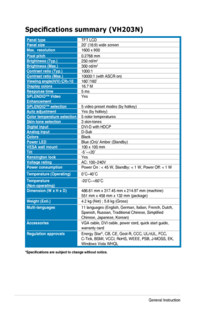 Page 20
3-6Chapter	 3: 	 General 	 Instruction 		

Specifications	 summary 	 (VH203N)

Panel typeTFT	 LCDPanel size20"	 (16:9) 	 wide 	 screenMax.  resolution1600	 x 	 900
Pixel pitch0.2768	 mmBrightness (Typ.)250	 cd/m2
Brightness (Max.)300	 cd/m2
Contrast ratio (Typ.)1000:1Contrast ratio (Max.)10000:1 	 (with 	 ASCR 	 on)Viewing angle(H/V) CR>10160˚/160˚Display colors16.7	 MResponse time5	 msSPLENDID™ Video EnhancementYes
SPLENDID™ selection5	 video 	 preset 	 modes 	 (by 	 hotkey)Auto adjustmentYes	 (by...