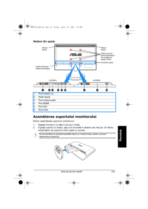 Page 137Ghid de pornire rapidă135
Română   
Vedere din spate
Asamblarea suportului monitorului
Pentru asamblarea suportului monitorului:
1. Aşezaţi monitorul cu faţa în jos pe o masă.
2. Cuplaţi suportul cu braţul, aşa cum se arată în desenul de mai jos. Un declic 
indică faptul că suportul a fost cuplat cu succes. 1. Port intrare c.a.
2. Mufă cască
3. Port intrare audio
4. Port HDMI
5. Port DVI
6. Port VGA
HDMI VGA
1
Fantă de blocare 
antifurt KensingtonDifuzor 
stereoDifuzor 
stereo
Găuri de şurub 
pentru...