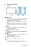 Page 8
1-2Chapter	 1: 	 Product 	 introduction

1.3  Monitor introduction
1.3.1. Front . view
Base
1
2
3
4
5
7
1
2
3
4
6
7
(VH226H)(VH226S)
1.		or 		Button:
Use 	 this 	 hotkey 	 to 	 switch 	 from 	 five 	 video 	 preset 	 modes 	 (Game 	 Mode, 	
Night	 View 	 Mode, 	 Scenery 	 Mode, 	 Standard 	 Mode, 	 Theater 	 Mode) 	 with 	
SPLENDID™	 Video 	 Enhancement 	 Technology.
Exit	 the 	 OSD 	 menu 	 or 	 go 	 back 	 to 	 the 	 previous 	 menu 	 as 	 the 	 OSD 	 menu	
is	 active.
Automatically 	 adjust 	 the...