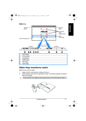 Page 113Snabbstartsguide 111
Svenska
Bakre vy
Sätta ihop monitorns stativ
Sätta ihop monitorns stativ:
1. Lägg monitorn med skärmen nedåt på ett bord.
2. Anslut stativet med armen enligt bilden nedan. Ett klickljud betyder att stativet 
sitter på rätt plats. 1. Strömuttag
2. Hörlursuttag
3. Ljudingång
4. HDMI-uttag
5. DVI-uttag
6. VGA-uttag
HDMI VGA
1
Hål till Kensington-låsStereohö
gtalareStereohö
gtalare
Skruvhål till 
VESA 
väggmontering
Bakre 
anslutningar
(VH226H) (VH226S)
23456136
Vi rekommenderar att du...