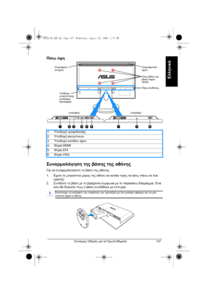 Page 149Σύντοµος Οδηγός για τα Πρώτα Βήµατα147
Ελληνικά
Πίσω όψη
Συναρµολόγηση της βάσης της οθόνης
Για να συναρµολογήσετε τη βάση της οθόνης:
1.Έχετε το µπροστινό µέρος της οθόνη να κοιτάει προς τα κάτω πάνω σε ένα 
τραπέζι.
2.Συνδέστε τη βάση µε το βραχίονα σύµφωνα µε το παρακάτω διάγραµµα. Ένα 
κλικ θα δηλώσει πως η βάση συνδέθηκε µε επιτυχία. 1.Υποδοχή τροφοδοσίας
2.Υποδοχή ακουστικών
3.Υποδοχή εισόδου ήχου
4.Θύρα HDMI
5.Θύρα DVI
6.Θύρα VGA
HDMI VGA
1
Υποδοχή 
αντικλεπτικής 
κλειδαριάς 
Kensington...