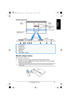 Page 77Hızlı Başlangıç Kılavuzu 75
Türkçe
Arkadan görünüm
Monitör altlığını takma
Monitör altlığını takmak için:
1. Monitörün ön tarafını aşağı masaya doğru bakacak şekilde çevirin.
2. Alt tarafı kol kısmına aşağıdaki resme uygun olarak takın. Bir klik sesi altlığın 
başarıyla takıldığını gösterir. 1. AC giriş portu
2. Kulaklık jakı
3. Ses giriş portu
4. HDMI portu
5. DVI portu
6. VGA bağlantı noktası
HDMI VGA
1
Kensington hırsızlık 
önleyici kilit yuvası  Stereo 
hoparlörStereo 
hoparlör
VESA Duvar 
Montajı...