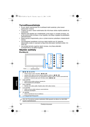 Page 100Pikakäynnistysopas 98
Suomi
Turvallisuustietoja
• Ennen näytön asentamista lue huolellisesti kaikki asiakirjat, jotka tulevat 
pakkauksen mukana.
• Tulipalon tai iskun vaaran estämiseksi älä milloinkaan altista näyttöä sateelle tai 
kosteudelle.
• Näyttöä tulee käyttää vain virtalähteestä, jonka tyyppi on osoitettu tarrassa. Jos 
et ole varma kotiisi toimitetun virran tyypistä, ota yhteys myyjääsi tai paikalliseen 
sähkölaitokseen.
• Käytä sopivaa virtapistoketta, joka on yhdenmukainen paikallisen...