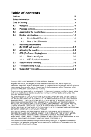 Page 2ii
Table of contents
Notices ........................................................................\
.................................iii
Safety information  ........................................................................\
..............iv
Care & Cleaning ........................................................................\
...................v
1.1  Welcome! ........................................................................\
................vi
1.2  Package contents...