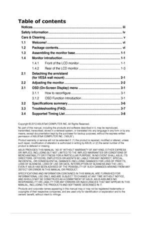 Page 2ii
Table of contents
Notices ........................................................................\
.................................iii
Safety information ........................................................................\
..............iv
Care & Cleaning ........................................................................\
...................v
1.1 Welcome! ........................................................................\
................vi
1.2  Package contents...