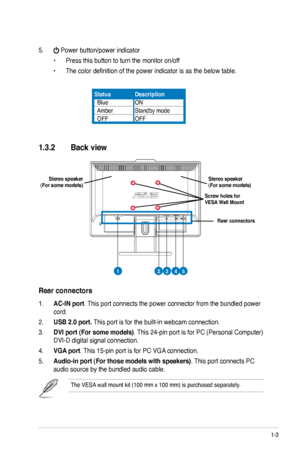 Page 11
1-3ASUS VK191 Series LCD Monitor 

1.3.2 Back view
5.  Power button/power indicator          
 • Press this button to turn the monitor on/off
  • The color definition of the power indicator is as the below table.
1. AC-IN port. This port connects the power connector from the bundled power 
cord.
2. USB 2.0 port. This port is for the built-in webcam connection.
3. DVI port (For some models). This 24-pin port is for PC (Personal Computer) 
DVI-D digital signal connection.
4. VGA port. This 15-pin port is...