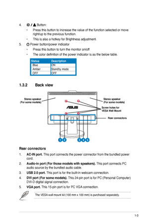 Page 11
1-3ASUS VK193 Series LCD Monitor 

1.3.2 Back view
4.  Button:
• Press this button to increase the value of the function selected or move 
right/up to the previous function.
• This is also a hotkey for Brightness adjustment. 
5.  Power button/power indicator
• Press this button to turn the monitor on/off
• The color definition of the power indicator is as the below table.
1. AC-IN port. This port connects the power connector from the bundled power 
cord.
2. Audio-in port (For those models with...