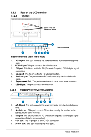 Page 12
1-6Chapter 1: Product introduction
2. Audio-in	port . This port connects PC audio source by the bundled audio 
cable.(Only for some models)   
1.4.2.2	 VK222U/VK222S/VK221S/VK221D 	
1. 
AC-IN	port . This port connects the power connector from the bundled power 
cord.     
3.  DVI	port . This 4-pin port is for PC (Personal Computer) DVI-D digital signal 
connection. (Only for some models) 
4.  VGA	port . This 15-pin port is for PC VGA connection. 
This port connects the Web-cam . 
5. 

    
USB-IN...