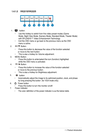 Page 10
1.4.1.2	
457123
1.  button:
 
  •  Use this hotkey to switch from five video preset modes (Game    
  Mode, Night View Mode, Scenery Mode, Standard Mode, Theater Mode)  
  with SPLENDID™ Video Enhancement Technology. 
•  Exit the OSD menu or go back to the previous menu as the OSD  
  menu is active.
.   Button:
  •  Press this button to decrease the value of the function selected           or move to the next fuction.  
•  This is also a hotkey for Volume adjustment.    
3.  MENU Button:   •...