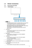 Page 9
1-3
1.4	 Monitor 	 introduction
1.4.1	Front 	 of 	 the 	 LCD 	 monitor
1.  button:
 • Automatically adjust the image to its optimized position, clock,  and phase  
 by long pressing this button for -4 seconds (for VGA mode only).
 • Use this hotkey to switch from five video preset modes (Game   
 Mode, Night V iew Mode, Scenery Mode, Standard Mode,  Theater Mode)  
 with SPLENDID™ Video Enhancement Technology . 
• Exit the OSD menu or go back to the previous menu as the OSD  
 menu is active....