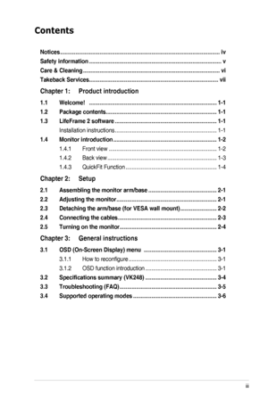 Page 3iii
Contents
Notices ........................................................................\
.................................iv
Safety information  ........................................................................\
...............v
Care & Cleaning ........................................................................\
..................vi
Takeback Services ........................................................................\
.............vii
Chapter 1:     Product introduction
1.1...