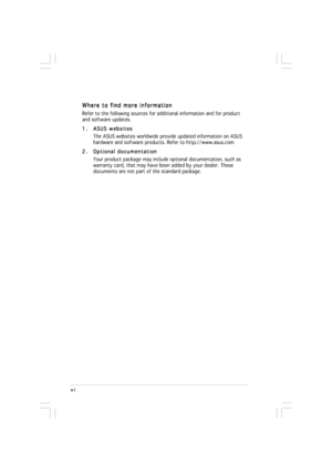 Page 6vi vivi vi
vi
Where to find more information Where to find more informationWhere to find more information Where to find more information
Where to find more information
Refer to the following sources for additional information and for product
and software updates.
1. 1.1. 1.
1.
ASUS websites ASUS websitesASUS websites ASUS websites
ASUS websites
The ASUS websites worldwide provide updated information on ASUS
hardware and software products. Refer to http://www.asus.com
2. 2.2. 2.
2.
Optional documentation...