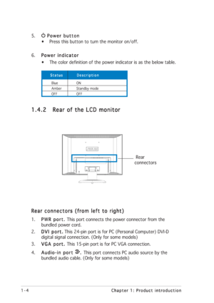 Page 101-4 1-41-4 1-4
1-4
Chapter 1: Product introduction Chapter 1: Product introductionChapter 1: Product introduction Chapter 1: Product introduction
Chapter 1: Product introduction
1.4.2 1.4.21.4.2 1.4.2
1.4.2
Rear of the LCD monitor Rear of the LCD monitorRear of the LCD monitor Rear of the LCD monitor
Rear of the LCD monitor
1.
PWR port.  PWR port. PWR port.  PWR port. 
PWR port. This port connects the power connector from the
bundled power cord.
2.
DVI port. DVI port.DVI port. DVI port.
DVI port. This...