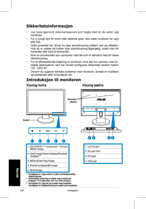 Page 106
104Hurtigstart
Norsk 

Sikkerhetsinformasjon
•	 Les	nøye	igjennom	 dokumentasjonen	 som	fulgte	 med	før	du	setter	 opp	monitoren.   
•	 For	 å	unngå	 fare	for	brann	 eller	elektrisk	 sjokk,	ikke	utsett	 monitoren	 for	regn	eller fukt.  
•  Dette  produktet  bør  drives  fra  type  strømforsyning  indikert  som  på  etiketten. Hvis	 du	er	usikker	 på	hvilken	 type	strømforsyning	 tilgjengelig,	snakk	med	din	
forhandler	eller	lokal	el-leverandør.	
• Bruk en strømkontakt som samsvarer med det som er...