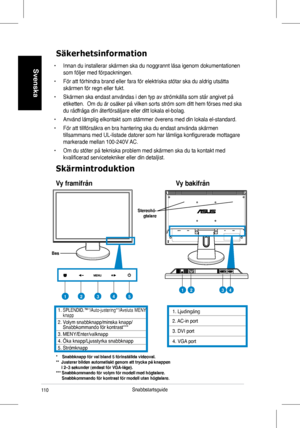 Page 112
110
Svenska 
Snabbstartsguide

Säkerhetsinformation
•	 Innan	du	installerar	skärmen	ska	du	noggrannt	läsa	igenom	dokumentationen	
som	följer	med	förpackningen.			
•	 För	att	förhindra	brand	eller	fara	för	elektriska	stötar	ska	du	aldrig	utsätta	
skärmen	för	regn	eller	fukt.		
•	 Skärmen	ska	endast	användas	i	den	typ	av	strömkälla	som	står	angivet	på	
etiketten.		Om	du	är	osäker	på	vilken	sorts	ström	som	ditt	hem	förses	med	ska	
du	rådfråga	din	återförsäljare	eller	ditt	lokala	el-bolag.	
•	 Använd...