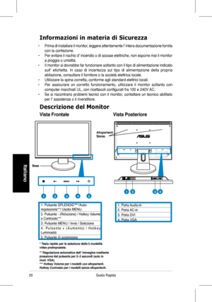 Page 22
20Guida Rapida
Italiano

Informazioni in materia di Sicurezza
•	 Prima	di 	installare 	il 	monitor, 	leggere 	attentamente 	l’ 	intera 	documentazione 	fornita	
con	la	confezione.				
•  Per evitare il rischio d’ incendio o di scosse elettriche, non esporre mai il monitor 
a pioggia o umidità. 
•	 Il	 monitor	 si	dovrebbe	 far	funzionare	 soltanto	con	il	tipo	 di	alimentazione	 indicato	
sull’	etichetta. 	In 	caso 	di 	incertezza 	sul 	tipo 	di 	alimentazione 	della 	propria	
abitazione,	consultare	il...