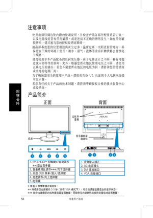 Page 52
50 快速��������
簡���
���

注意事項
  使�前請詳閱包裝內附的使 �說明，並檢查產品各部分配件是否正常，
以及電源線是否有任何破損，或是連接不正確的情形發生。如有任何破
損情形，請儘速與您的授權經銷商聯絡。
   液晶屏幕放置的位置請遠離灰塵過多，溫度過高，太陽直射的地方。並
保持在乾燥的環境下使 �，雨水、溼氣、液體等含有礦物質將會腐蝕電
子線路。
   請勿使 �非本產品配備的任何變壓器，由於電路設計之不同，將有可能
造成內部零件的損壞。此外，根據您所在地區使 �電壓之不同，請使 �
正確電壓的插頭，若您不清楚所在地區的電壓為何，請咨詢您的經銷商
或當地的電源廠商。
  為了確保您安全的使 �本產品，請使 �具備  U L  認證的個人電腦來連接
本顯示器。
   若您有任何關於產品的技術問題，請咨詢華碩授權合格的技術服務中心
或經銷商。
產品簡介
    正面               背面
1.  SPLENDID™ 切換鍵*/自動調節
**/退出菜單鍵
2. 音量或對比調節***/向下選擇鍵
3. 開啟 OSD 菜單/進入/選擇鍵
4. 亮度調節/向上選擇鍵
5....