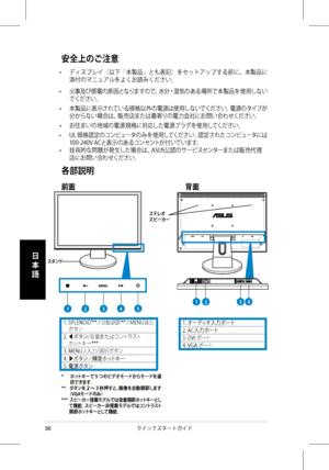 Page 58
5クイックスタートガイド 
日
本
語

安全上のご注意
• ディスプレイ（以下「本製品」とも表記）をセットアップする前に、本製品に
添付のマニュアルをよくお読みください。
• 火事及び感電の原因となりますので、水分・湿気のある場所で本製品を使用しない
でください。
• 本製品に表示されている規格以外の電源は使用しないでください。電源のタイプが
分からない場合は、販売店または最寄りの電力会社にお問い合わせください。
• お住まいの地域の電源規格に対応した電源プラグを使用してください。
• UL 規格認定のコンピュータのみを使用してください。認定されたコンピュータには
100-240V ACと表示のあるコンセントが付いています。
• 技術的な問題が発生した場合は、ASUS公認のサービスセンターまたは販売代理
店にお問い合わせください。     
各部説明
前面          背面 
1. オーディオ入力ポート
2. AC入力ポート 
3. DVI ポート 
4. VGA ポート 
スタンド
123451234
ステレオ スピーカー
*...