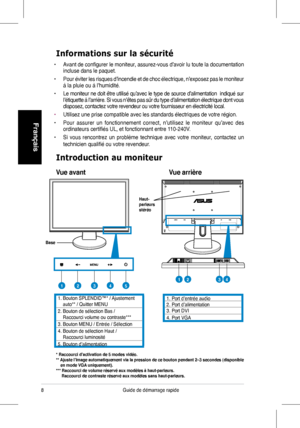 Page 10
Guide de démarrage rapide
Français

Informations sur la sécurité
•	 Avant	de	configurer	le	moniteur,	assurez-vous	d’avoir	lu	toute	la	documentation	incluse dans le paquet.   
•	 Pour	éviter 	les 	risques 	d’incendie 	et 	de 	choc 	électrique, 	n’exposez 	pas 	le 	moniteur	à la pluie ou à l’humidité.    
•   Le moniteur ne doit être utilisé qu’avec le type de source d’alimentation  indiqué sur l’étiquette à l’arrière. Si vous n’êtes pas sûr du type d’alimentation électrique dont vous disposez,...