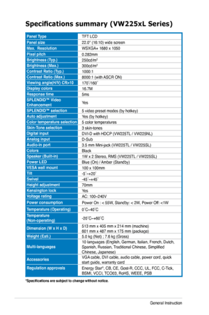 Page 24
3-6Chapter 3: General Instruction  

*Specifications are subject to change without notice.
Specifications summary (VW225xL Series)
Panel TypeTFT LCD
Panel size22.0" (16:10) wide screen
Max.  ResolutionWSXGA+ 1680 x 1050
Pixel pitch0.282mm
Brightness (Typ.)250cd/m2
Brightness (Max.)300cd/m2
Contrast Ratio (Typ.)1000:1
Contrast Ratio (Max.)8000:1 (with ASCR ON)
Viewing angle(H/V) CR>10170˚/160˚
Display colors16.7M
Response time5ms
SPLENDID™ Video EnhancementYes
SPLENDID™ selection5 video preset modes...