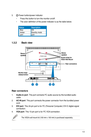 Page 11
1-3ASUS VW195xL/VW202xL/VW225xL Series LCD Monitor 

1.3.2 Back view
1. Audio-in port. This port connects PC audio source by the bundled audio 
cable.
2. AC-IN port. This port connects the power connector from the bundled power 
cord.
3. DVI port. This 24-pin port is for PC (Personal Computer) DVI-D digital signal 
connection.  
4. VGA port. This 15-pin port is for PC VGA connection. 
Rear connectors 
StatusDescription
  BlueON
  AmberStandby mode
  OFFOFF
Stereo speaker
Rear connectors
Stereo...