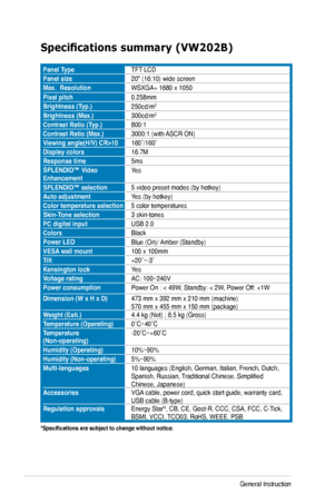 Page 26
3-10Chapter 3: General Instruction  

Specifications	summary	(VW202B)
Panel TypeTFT LCD
Panel size20" (16:10) wide screen
Max.  ResolutionWSXGA+ 1680 x 1050
Pixel pitch0.258mm
Brightness (Typ.)250cd/m2
Brightness (Max.)300cd/m2
Contrast Ratio (Typ.)800:1
Contrast Ratio (Max.)3000:1 (with ASCR ON)
Viewing angle(H/V) CR>10160˚/160˚
Display colors16.M
Response time5ms
SPLENDID™ Video EnhancementYes
SPLENDID™ selection5 video preset modes (by hotkey)
Auto adjustmentYes (by hotkey)
Color temperature...