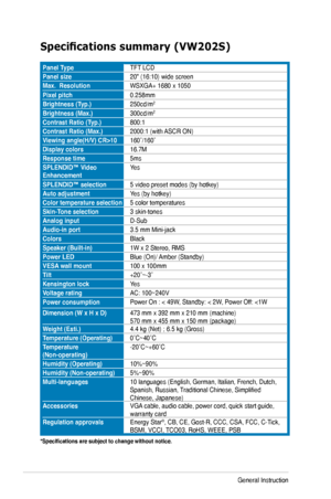 Page 22
3-6Chapter 3: General Instruction  

Specifications summary (VW202S)
Panel TypeTFT LCD
Panel size20" (16:10) wide screen
Max.  ResolutionWSXGA+ 1680 x 1050
Pixel pitch0.258mm
Brightness (Typ.)250cd/m2
Brightness (Max.)300cd/m2
Contrast Ratio (Typ.)800:1
Contrast Ratio (Max.)2000:1 (with ASCR ON)
Viewing angle(H/V) CR>10160˚/160˚
Display colors16.7M
Response time5ms
SPLENDID™ Video EnhancementYes
SPLENDID™ selection5 video preset modes (by hotkey)
Auto adjustmentYes (by hotkey)
Color temperature...