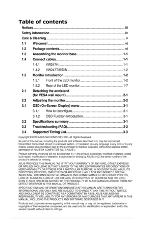 Page 2ii
Table of contents
Notices ........................................................................\
.................................iii
Safety information  ........................................................................\
..............iv
Care & Cleaning ........................................................................\
...................v
1.1  Welcome! ........................................................................\
................vi
1.2  Package contents...