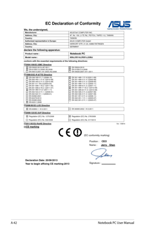 Page 118
A-42Notebook PC User Manual
EC Declaration of Conformity 
We, the undersigned, Manufacturer: ASUSTeK COMPUTER INC. Address, City: 4F, No. 150, LI-TE Rd., PEITOU, TAIPEI 112, TAIWAN Country: TAIW AN   Authorized representative in Europe: ASUS COMPUTER GmbH Address, City: HARKORT STR. 21-23, 40880 RATINGENCountry: GERMANYdeclare the following apparatus: Product name : Notebook PC Model name : N56J,R514J,R501J,G56J conform with the essential requirements of the following directives: 2004/108/EC-EMC...