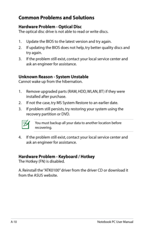 Page 86
A-10Notebook PC User Manual

Common Problems and Solutions
Hardware Problem - Optical Disc 
The optical disc drive is not able to read or write discs.
1.  Update the BIOS to the latest version and try again.
2.   If updating the BIOS does not help, try better quality discs and 
try again. 
3.   If the problem still exist, contact your local service center and 
ask an engineer for assistance. 
Unknown Reason - System Unstable
Cannot wake up from the hibernation.
1.   Remove upgraded parts (RAM, HDD,...
