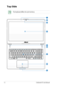 Page 14
14Notebook PC User Manual

Top Side
The keyboard differs for each territory.
escf1f2f3f4f5f6f7f8f9f10f11f12pauseprt scsysrqdelete
backspace
home
num lkscr lk
pgup
pgup
pgdn
pgdnenter
enter
shiftshift
ctrlaltctrlfnalt
endinsert
deleteinsert
break
789
456
12
0
3
tab
caps lockhome
end
2
4
3
5
6
8
9
7
1 