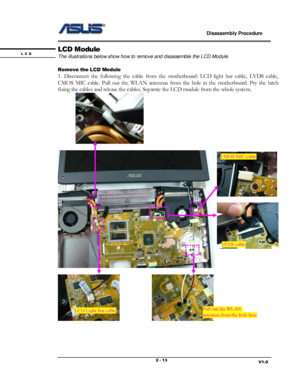 Page 13                             Disassembly Procedure 
                                                                                         
                                                                       V1.0 2 - 13 
LCD Module 
The illustrations below show how to remove and disassemble the LCD Module. 
 
Remove the LCD Module 
1. Disconnect  the  following the cable  from  the  motherboard:  LCD  light  bar  cable,  LVDS  cable, 
CMOS  MIC  cable.  Pull  out  the  WLAN  antennas  from  the...