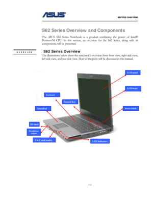 Page 2
                 service overview 
                                                                                        
1-2 
S62 Series Over view and Components 
The ASUS  S62 Series Notebook is a product combining the power of Intel® 
Pentium-M CPU. In this s ection, an overview for the S6 2 Series, along with its 
components, will be presented. 
 
  S62 Series Over view OVERVIEW 
The illustrations below show the notebook’s ov erview from front view, right side view, 
left side view, and rear side...