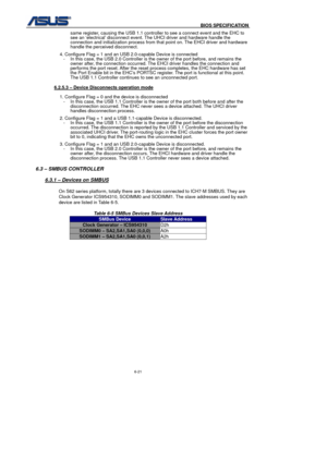 Page 155
                                              BIOS SPECIFICATION            
6-21 
same register, causing the USB 1.1 controller to see a connect event and the EHC to 
see an ‘electrical’ disconnect event. The UHCI driver and hardware handle the 
connection and initialization process from that point on. The EHCI driver and hardware 
handle the perceived disconnect. 
      4. Configure Flag = 1 and an USB 2.0-capable Device is connected  -  In this case, the USB 2.0 Controller is the owner of the port...
