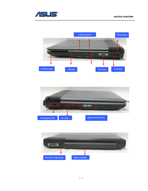 Page 3
                   service overview 
                                                                                       
1 - 3
                                                   
 
 
 
 
 
  
USB (2.0)portsModem port
 
 
PCMCIA slot  LAN portVGA Port 1394 port
 
 
 
 
 
  
 
 
 
Optical Drive Device Air ventsKensington Lock 
 
 
 
  
 
 
 
Battery ModuleDC Power Input Jack
 
  