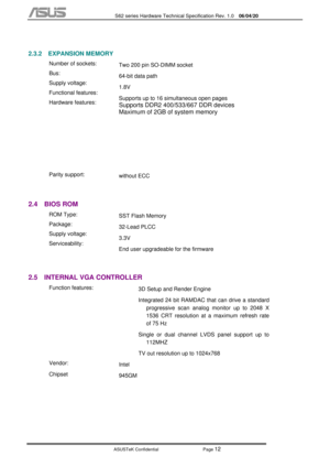 Page 86
           S62 series Hardware Technical Specification Rev. 1.0 06/04/20 
 
ASUSTeK Confidential           Page 
12 
 
2.3.2 EXPANSION MEMORY 
 
 
 
 
 
 
 
 
 
 Number of sockets: 
Bus: 
Supply voltage: 
Functional features: 
Hardware features: 
  Two 200 pin SO-DIMM socket  
64-bit data path
 
1.8V 
Supports up to 16 simultaneous open pages 
Supports DDR2 400/533/667 DDR devices 
Maximum of 2GB of system memory 
 Parity support: 
without ECC 
 
2.4 BIOS ROM 
 
 ROM Type: 
Package: 
Supply voltage:...