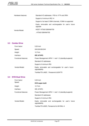 Page 95
           S62 series Hardware Technical Specification Rev. 1.0 06/04/20 
 
ASUSTeK Confidential           Page 
21 
 
 Hardware features: 
 
 
 
 
Vendor/Model:  Standard I/O addresses: 1F0h to 1F7h and 3F6h 
Support of minimum IRQ 14 
Support of at least 3 DMA channels, if DMA is supported 
Easily removable and exchangeable for user’s future 
upgrade 
HGST/ HTS421260H9AT00  
, HTS421280H9AT00 
 
 
3.3 Combo Drive 
  Form factor: 
Speed: 
Height: 
Interface:  5.25 Inch 
24X/24X/8X/24X  
12.7mm 
IDE...