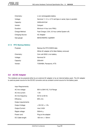 Page 97
           S62 series Hardware Technical Specification Rev. 1.0 06/04/20 
 
ASUSTeK Confidential           Page 
23 
 
 Chemistry: 
Voltage: 
Capacity: 
Vendor: 
Duration: 
Charge Method: 
Charging Source: 
Gas-gauge:  Li-ion rechargeable battery 
Nominal 11.1V (= 3.7V cell 3pcs in serial, 2pcs in parallel)
2400mAH/Cell 
Celxpert 
Minimum 4 hour (w/o PMU) 
Fast Charge: 2.5A, 3.0 hou
r (while System off) 
AC Adapter  
BENCHMARQ  bq2060H 
 
3.7.2  RTC Backup Battery 
 
 
 
  Purpose: 
 
Chemistry:...