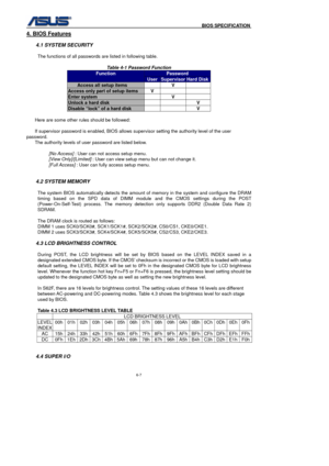 Page 141
                                              BIOS SPECIFICATION            
6-7 
4. BIOS Features 
 
4.1 SYSTEM SECURITY 
 The functions of all passwords are listed in following table. 
  Table 4-1 Password Function 
Password Function 
UserSupervisorHard Disk
Access all setup items    V   
Access only part of setup items  V     
Enter system    V   
Unlock a hard disk      V 
Disable “lock” of a hard disk      V 
 Here are some other rules should be followed: 
 
If supervisor password is enabled, BIOS...