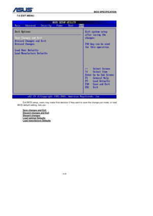 Page 163
                                              BIOS SPECIFICATION            
6-29 
7.6 EXIT MENU: 
 
 Exit BIOS setup, users may make final decision if they want to save the change just made, or load 
BIOS default setting, lists are:   
Save changes and Exit
 
Discard changes and Exit
 
Discard changes
 
Load optimal Defaults
 
Load manufacture Defaults
 
 
  